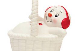 Christmas figurine Snowman in a basket, 8 cm, ceramics. ..