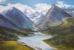 Oil painting Lake in the mountains