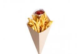 Eco Cone L cone packaging for French fries with compartment under sauce