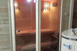Finnish sauna 2-seater, angular glass door and two glass facades