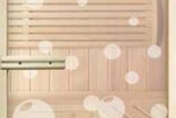 Glass door for baths and saunas with a pattern