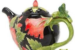 Заварочный чайник керамический Колибри в цветах на чёрном. ..
