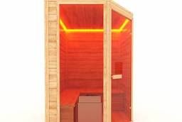 Finnish sauna for 6 persons, corner with a glass door and two glass facades