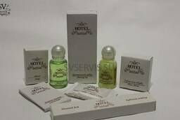 Disposable cosmetics for hotels in sachets. Gel, shampoo, soap