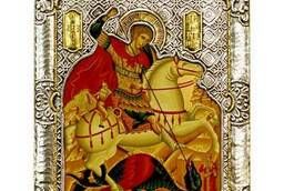 Икона Святой Георгий Победоносец в серебряном окладе. ..