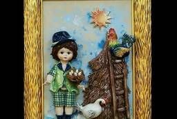 Rectangular painting Doll-boy holding a nest