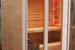 Finnish sauna for 4 persons, corner with glass door and two glass facades