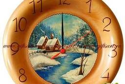 Authors wooden wall clock. Winter village. ...