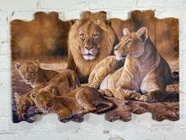 Картина на дереве (Досках) Семья львов