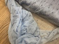Ткань бусины на сетке, фатин с бусинами голубые